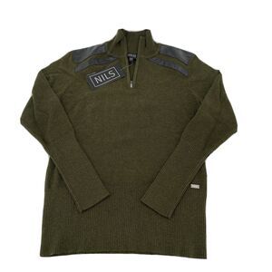 NILS Quarter Zip Pullover Sweater‎ Women Large Green Black Faux Leather Trim